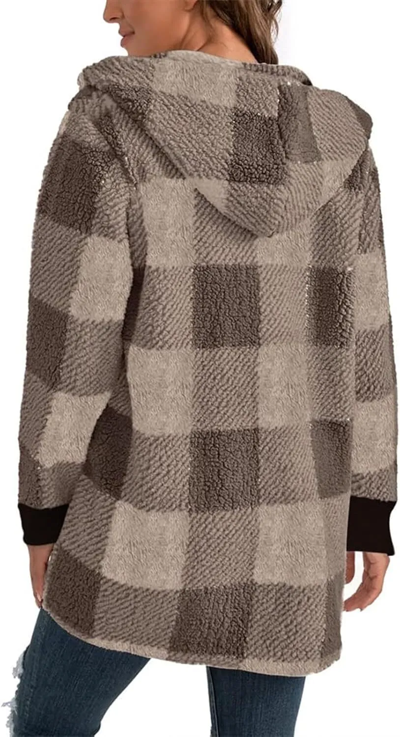 Women's Winter Fuzzy Fleece Fashion Jacket Plaid Sherpa Hooded Cardigan Outerwear Open Front Coat