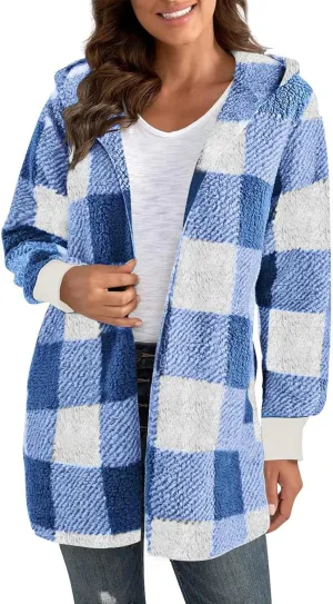 Women's Winter Fuzzy Fleece Fashion Jacket Plaid Sherpa Hooded Cardigan Outerwear Open Front Coat