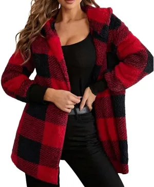 Women's Winter Fuzzy Fleece Fashion Jacket Plaid Sherpa Hooded Cardigan Outerwear Open Front Coat