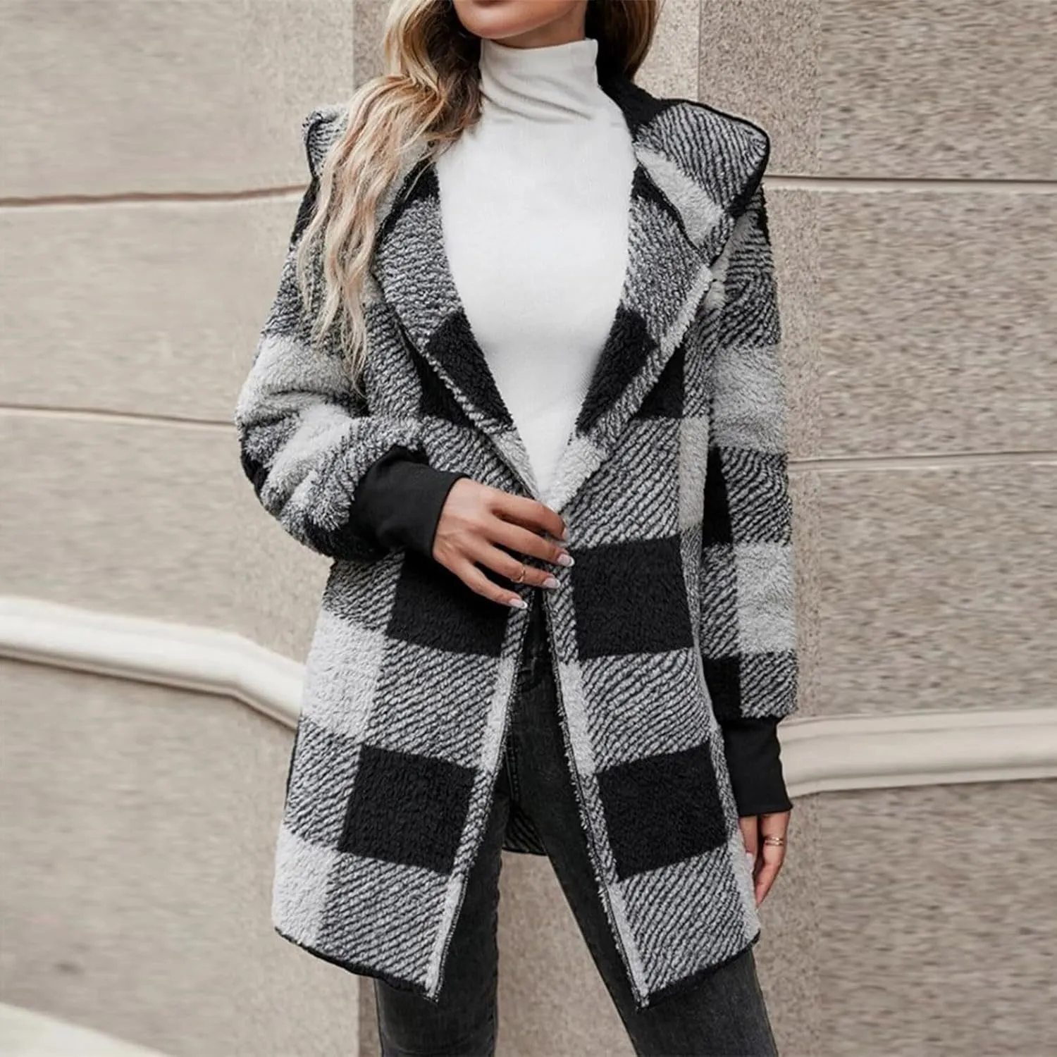 Women's Winter Fuzzy Fleece Fashion Jacket Plaid Sherpa Hooded Cardigan Outerwear Open Front Coat