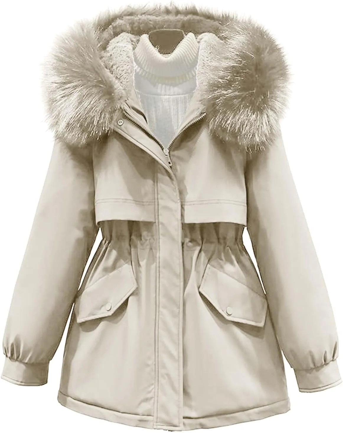 Women's Winter Warm Thicken Sherpa Lined Trench Coat Windproof Faux Fur Fuzzy Waisted Soft Hooded Parka Coat Jacket