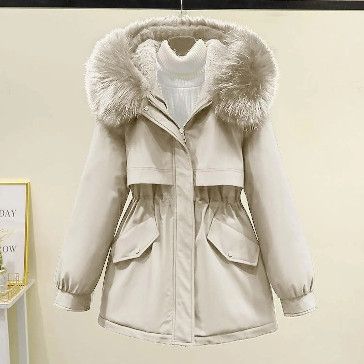 Women's Winter Warm Thicken Sherpa Lined Trench Coat Windproof Faux Fur Fuzzy Waisted Soft Hooded Parka Coat Jacket