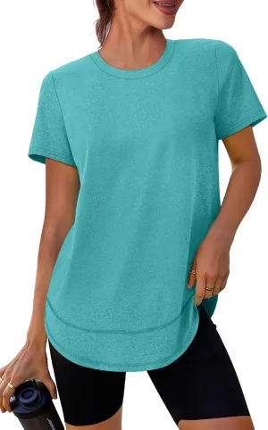 Womens Workout Tops Short Sleeve Shirts with Sun Protection Trendy Spring Summer Outfits S-3XL