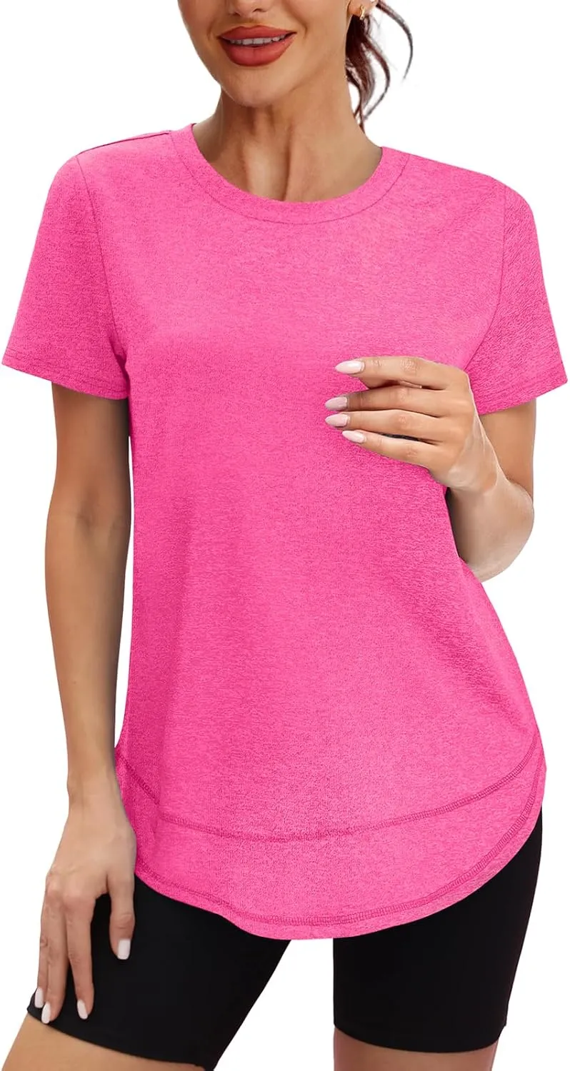 Womens Workout Tops Short Sleeve Shirts with Sun Protection Trendy Spring Summer Outfits S-3XL