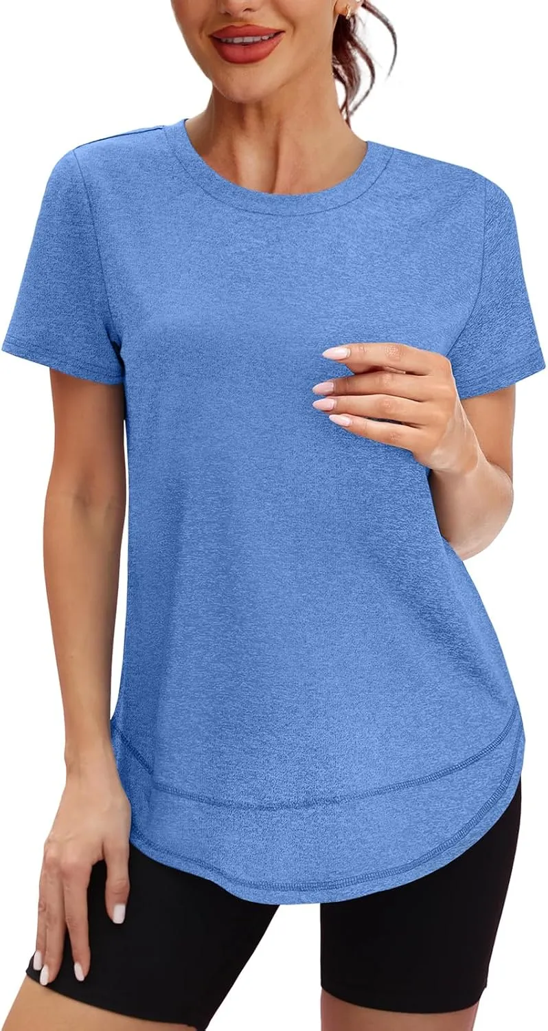 Womens Workout Tops Short Sleeve Shirts with Sun Protection Trendy Spring Summer Outfits S-3XL