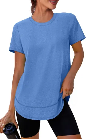 Womens Workout Tops Short Sleeve Shirts with Sun Protection Trendy Spring Summer Outfits S-3XL