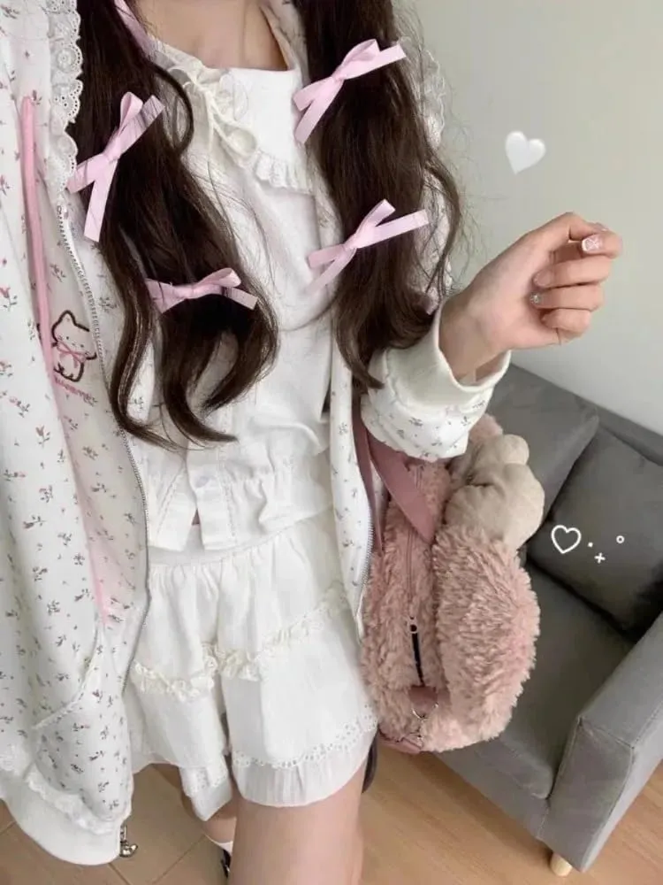 Women's Y2K Cute Floral Hoodies Kawaii Zip Up Hoodies Cartoon Cat Embroidery Oversized Pullover Sweatshirt