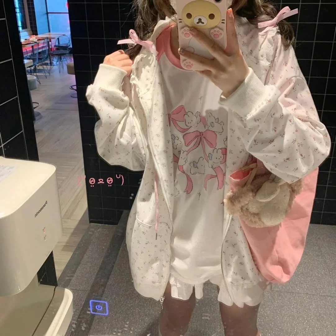 Women's Y2K Cute Floral Hoodies Kawaii Zip Up Hoodies Cartoon Cat Embroidery Oversized Pullover Sweatshirt
