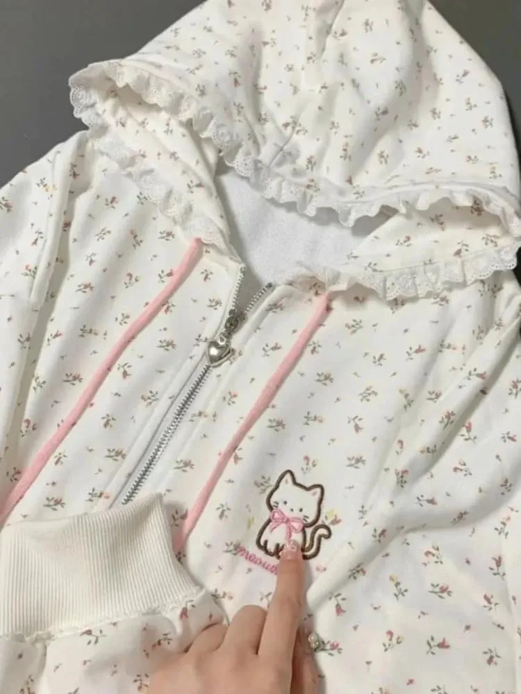 Women's Y2K Cute Floral Hoodies Kawaii Zip Up Hoodies Cartoon Cat Embroidery Oversized Pullover Sweatshirt