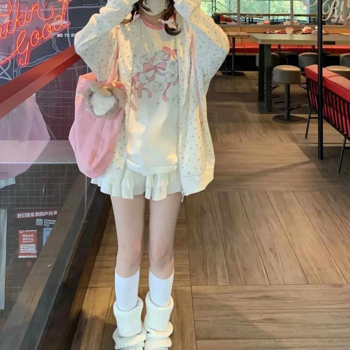 Women's Y2K Cute Floral Hoodies Kawaii Zip Up Hoodies Cartoon Cat Embroidery Oversized Pullover Sweatshirt