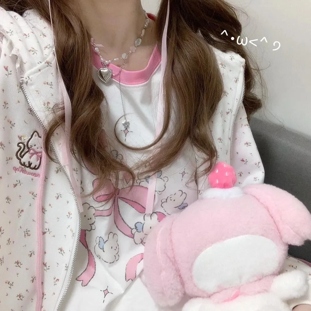 Women's Y2K Cute Floral Hoodies Kawaii Zip Up Hoodies Cartoon Cat Embroidery Oversized Pullover Sweatshirt