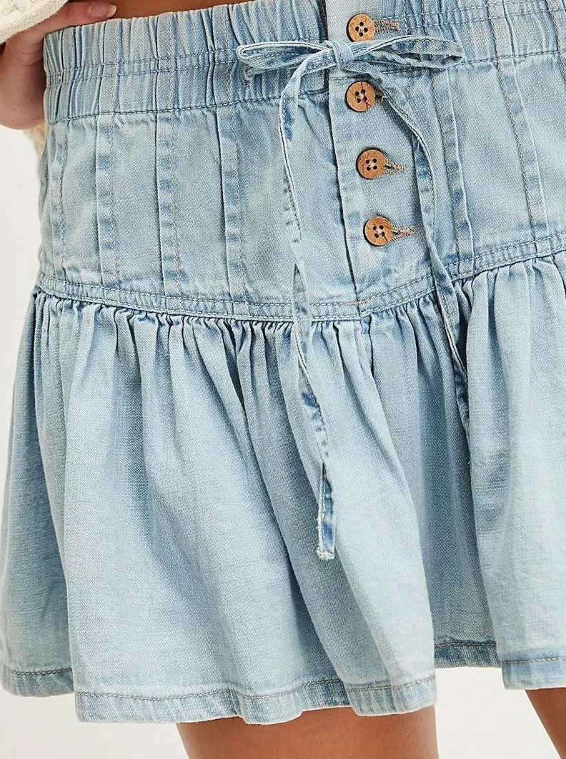 Womens Y2k Pleated Denim Mini Skirt Streetwear Ruffle A Line Jean Short Skirts Summer Vintage Skirt