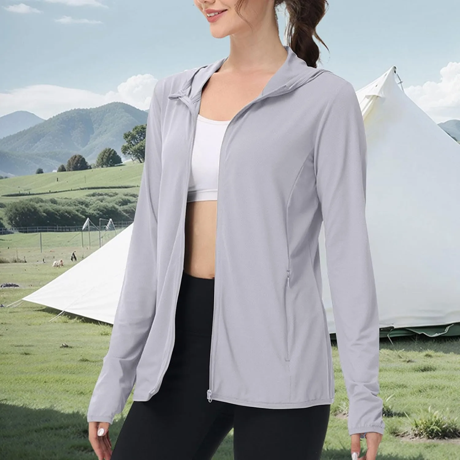 Womens Zip Up Hoodie Sun Protection Long Shirt Plus Size Oversized Ribbed Breathable Jacket with Pocket Hiking Outdoor