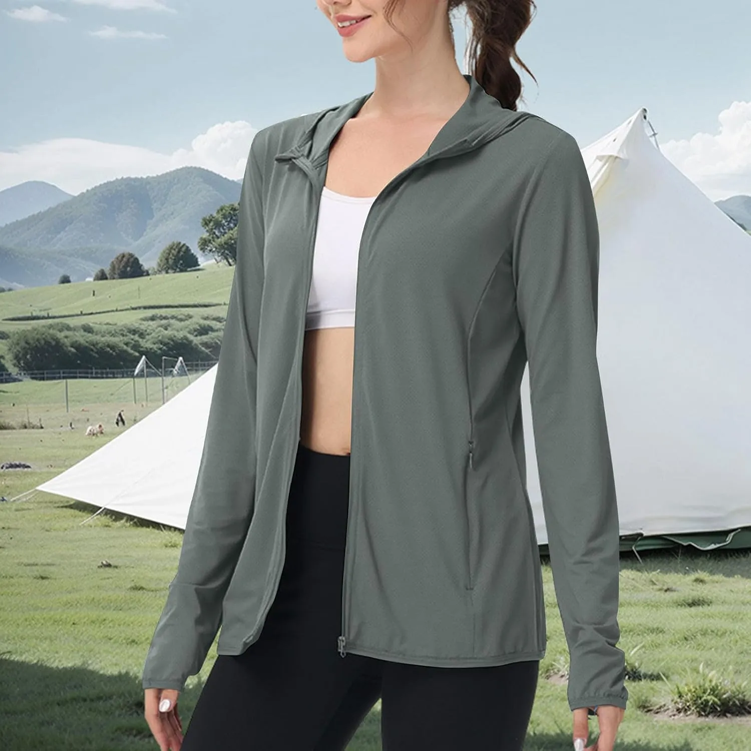 Womens Zip Up Hoodie Sun Protection Long Shirt Plus Size Oversized Ribbed Breathable Jacket with Pocket Hiking Outdoor