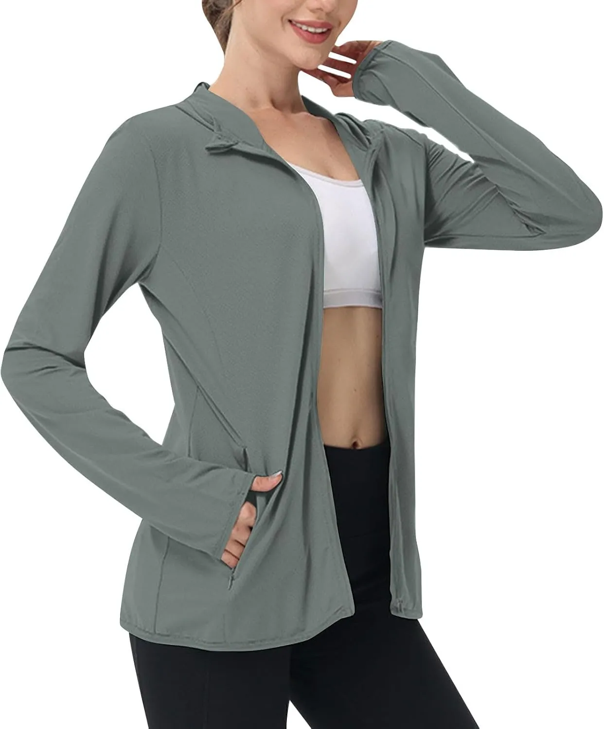 Womens Zip Up Hoodie Sun Protection Long Shirt Plus Size Oversized Ribbed Breathable Jacket with Pocket Hiking Outdoor