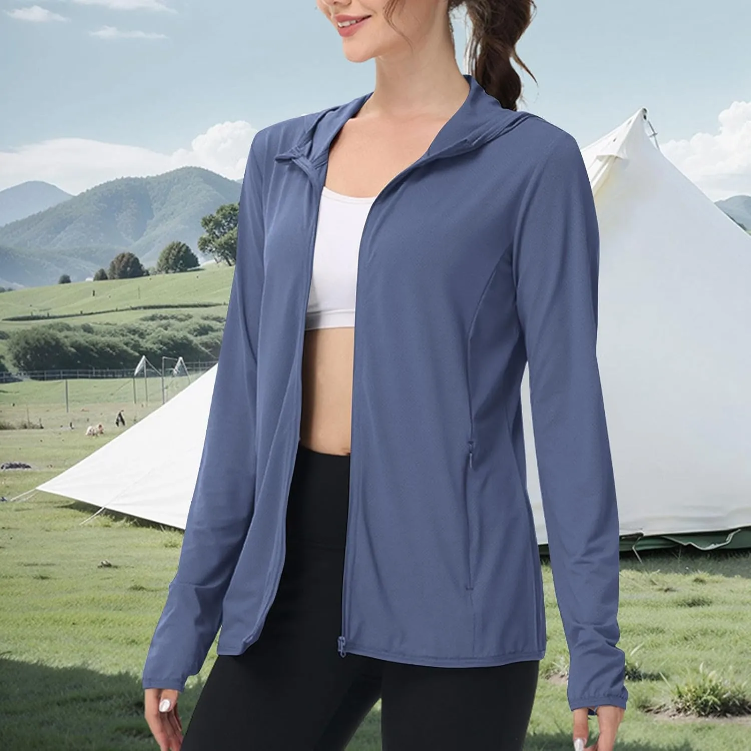 Womens Zip Up Hoodie Sun Protection Long Shirt Plus Size Oversized Ribbed Breathable Jacket with Pocket Hiking Outdoor