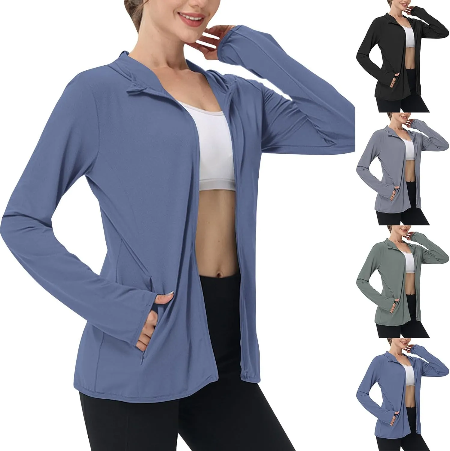 Womens Zip Up Hoodie Sun Protection Long Shirt Plus Size Oversized Ribbed Breathable Jacket with Pocket Hiking Outdoor
