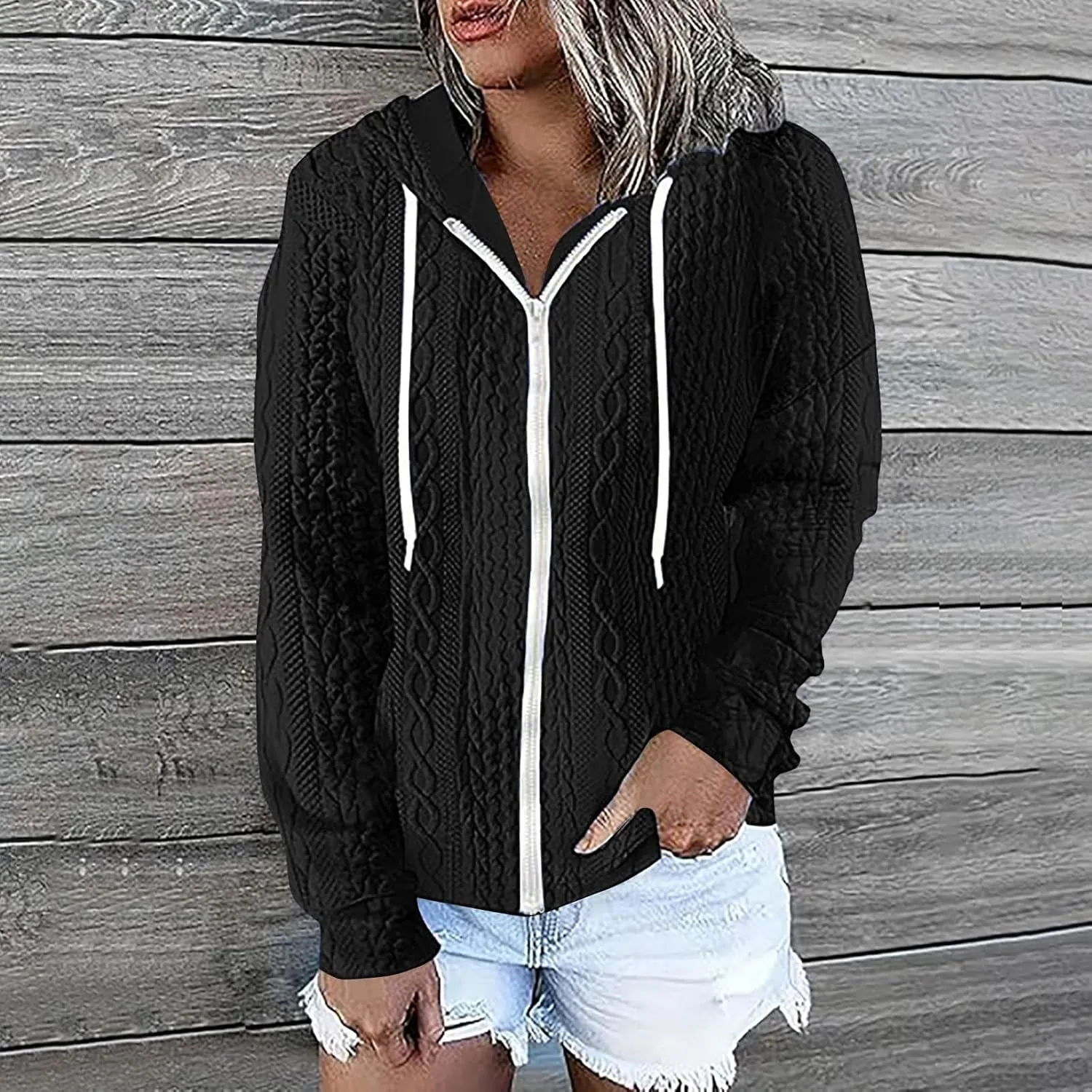 Womens Zip Up Hoodies Plus Size Sweatshirt Long Sleeve Textured Drawstring Zip Jackets Outwear with Pockets