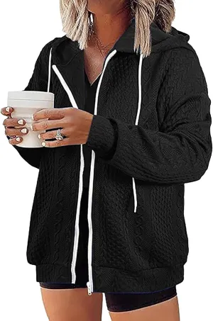 Womens Zip Up Hoodies Plus Size Sweatshirt Long Sleeve Textured Drawstring Zip Jackets Outwear with Pockets