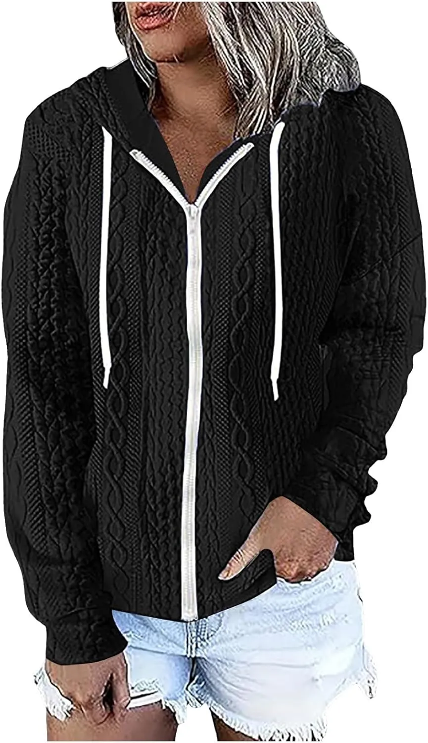 Womens Zip Up Hoodies Plus Size Sweatshirt Long Sleeve Textured Drawstring Zip Jackets Outwear with Pockets