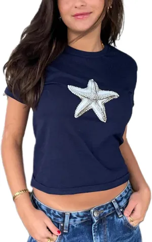 Y2K Graphic Baby Tees for Women Cute Sea Shell Print Short Sleeve Crew Neck Slim Fit Crop Tops Aesthetic T-Shirts