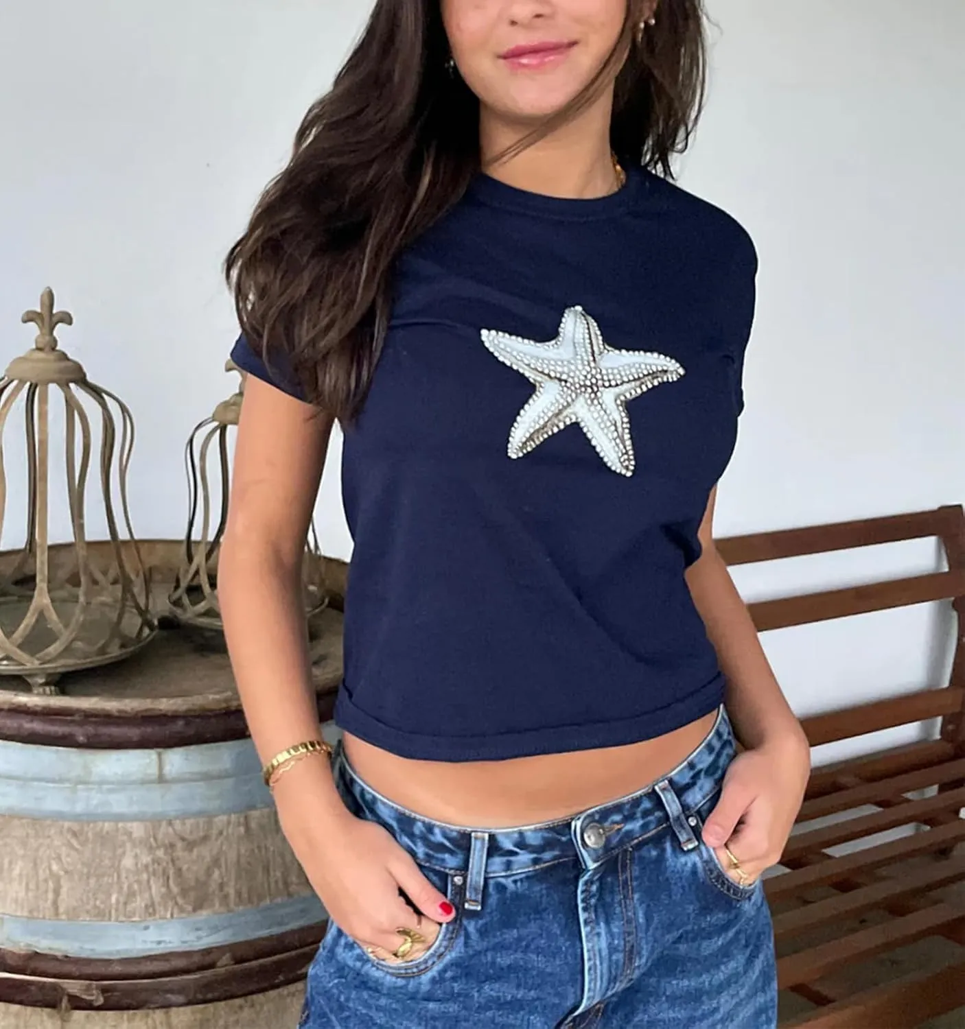 Y2K Graphic Baby Tees for Women Cute Sea Shell Print Short Sleeve Crew Neck Slim Fit Crop Tops Aesthetic T-Shirts
