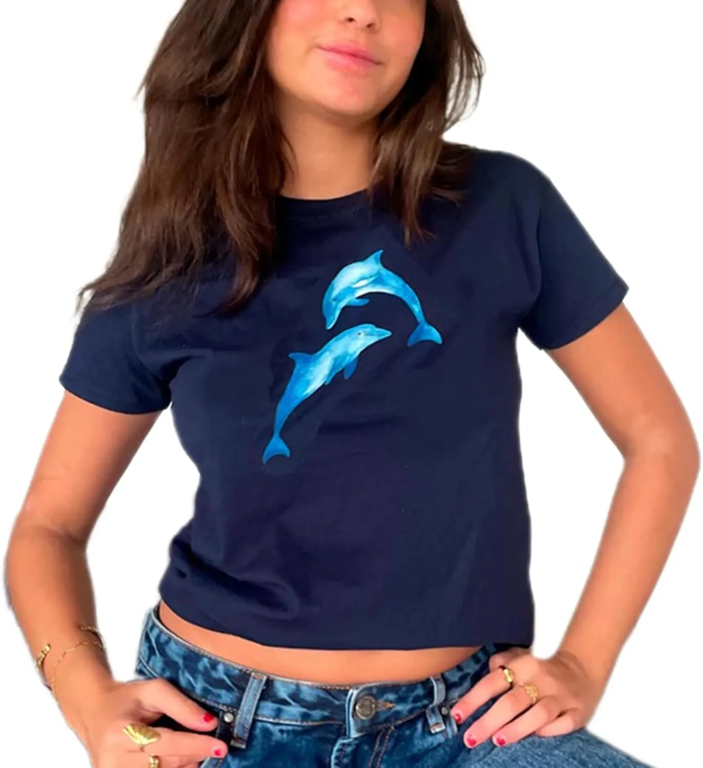 Y2K Graphic Baby Tees for Women Cute Sea Shell Print Short Sleeve Crew Neck Slim Fit Crop Tops Aesthetic T-Shirts