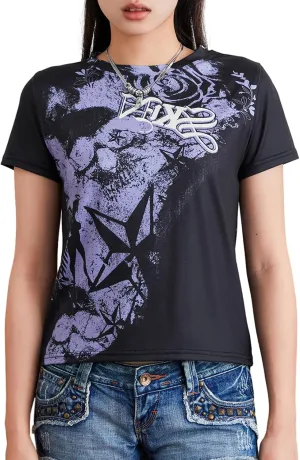 Y2k Shirts for Women Teens Girls 2000s Vintage Short Sleeve Shirt Tops Fairy Grunge Punk Goth Baggy Graphic Tees
