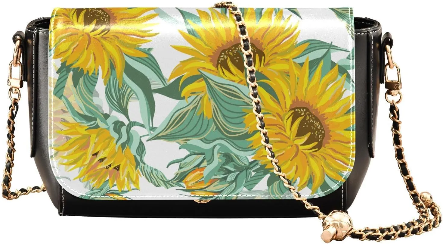 Yellow Sunflowers Crossbody Bags for Women, Trendy Small Shoulder Bag, PU Leather Clutch Purse Underarm Handbag Satchel HandBag with Adjustable Metal Chain