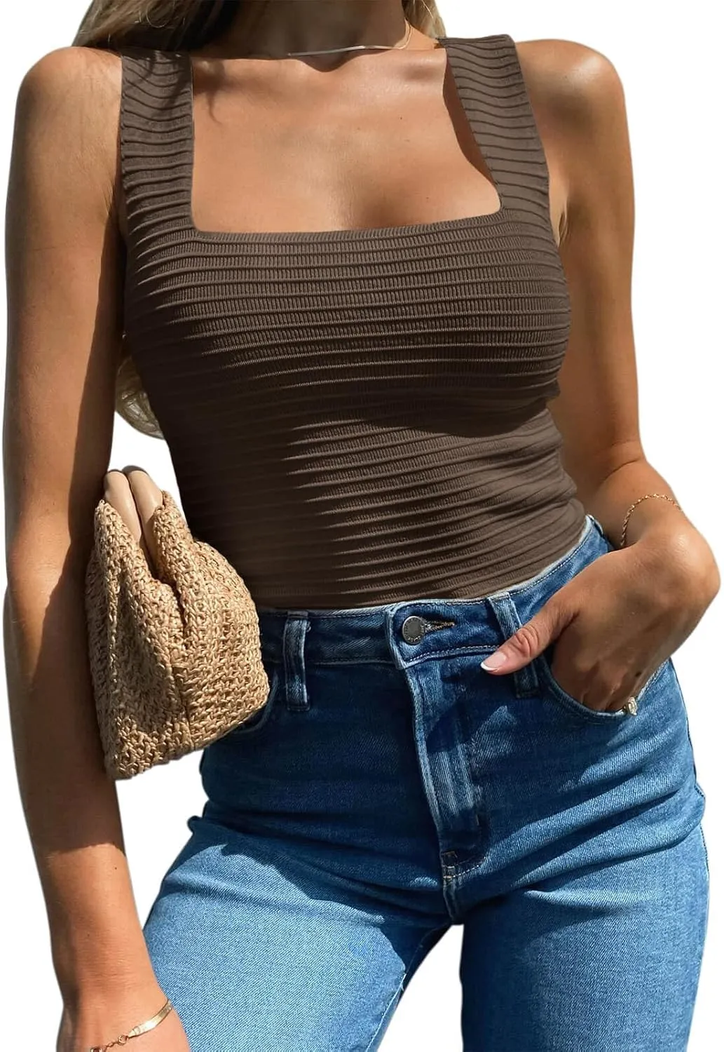 ZDC Womens Ribbed Tank Tops 2025 Summer Square Neck Sleeveless Tops Casual Slim Knit Shirts Tees