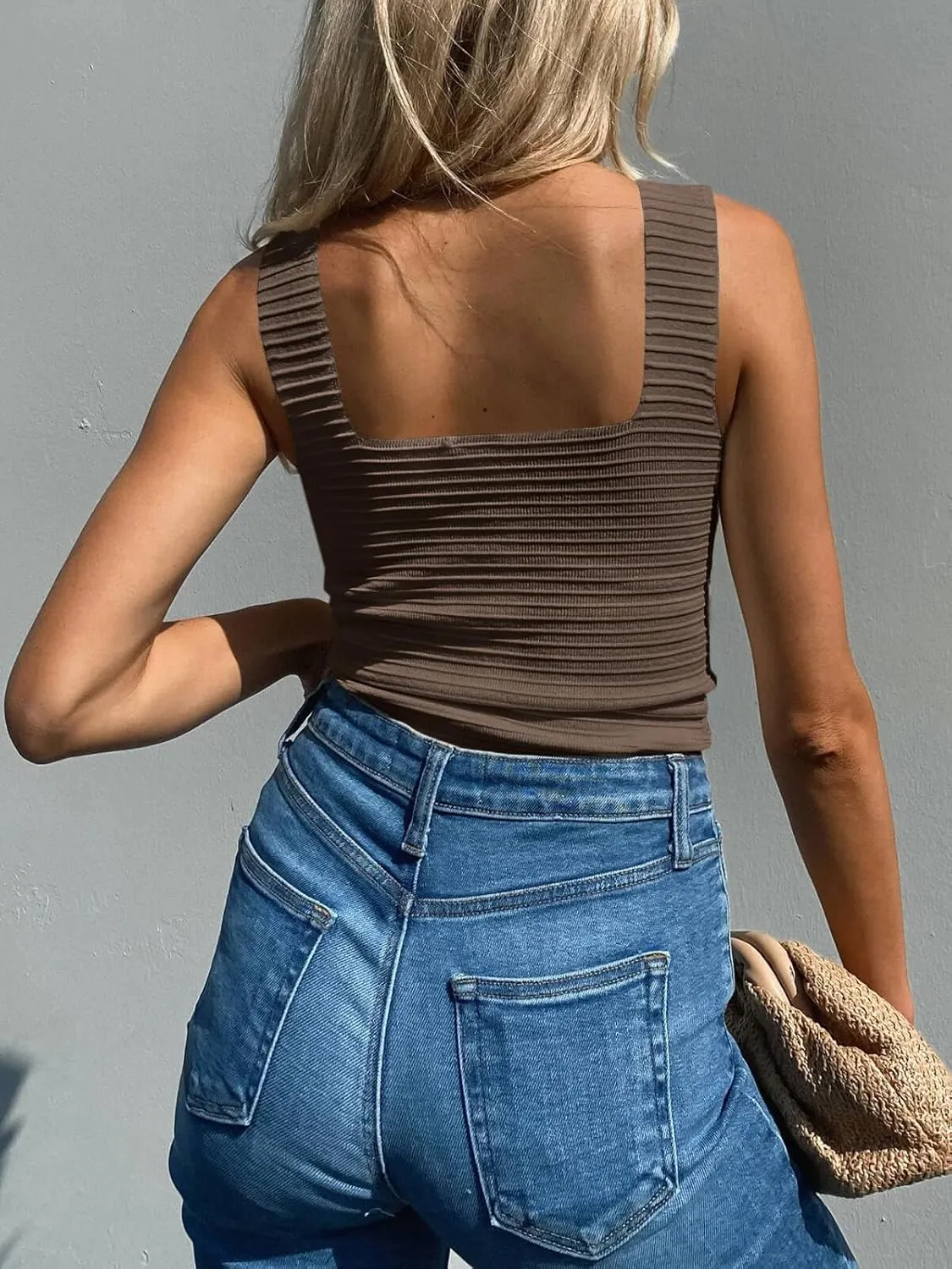 ZDC Womens Ribbed Tank Tops 2025 Summer Square Neck Sleeveless Tops Casual Slim Knit Shirts Tees