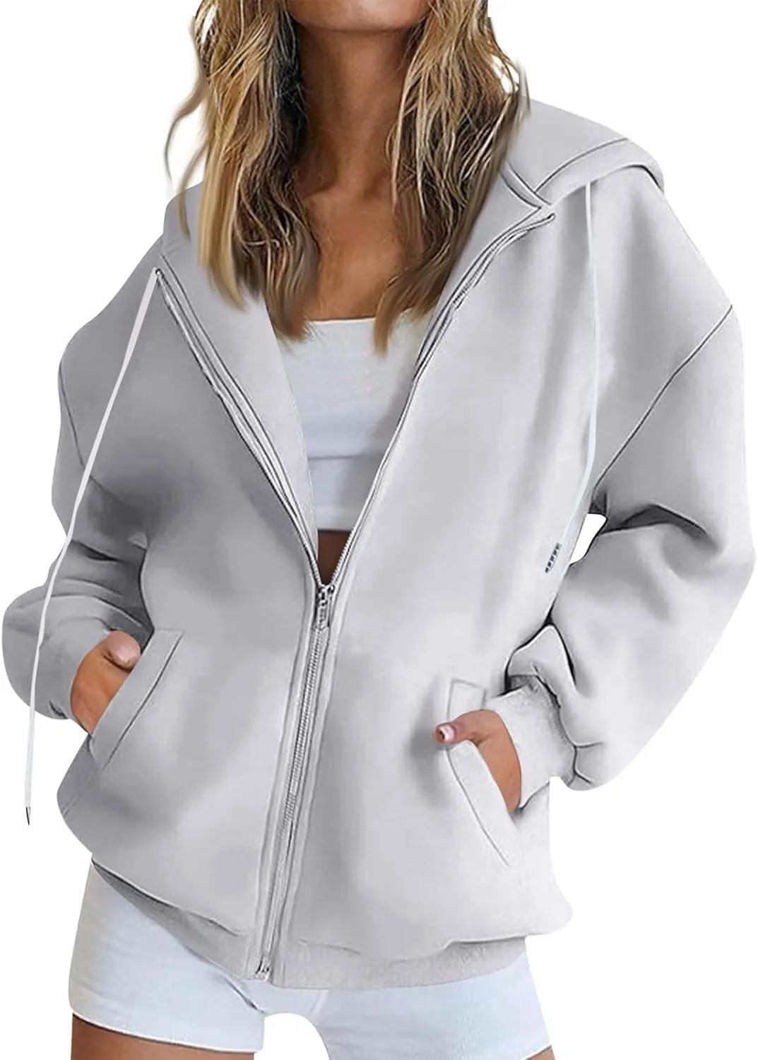 Zip Up Hoodie Women Fleece Oversized Sweatshirt Hoodies Casual Drawstring Hooded Sports Sweat Jackets with Pockets