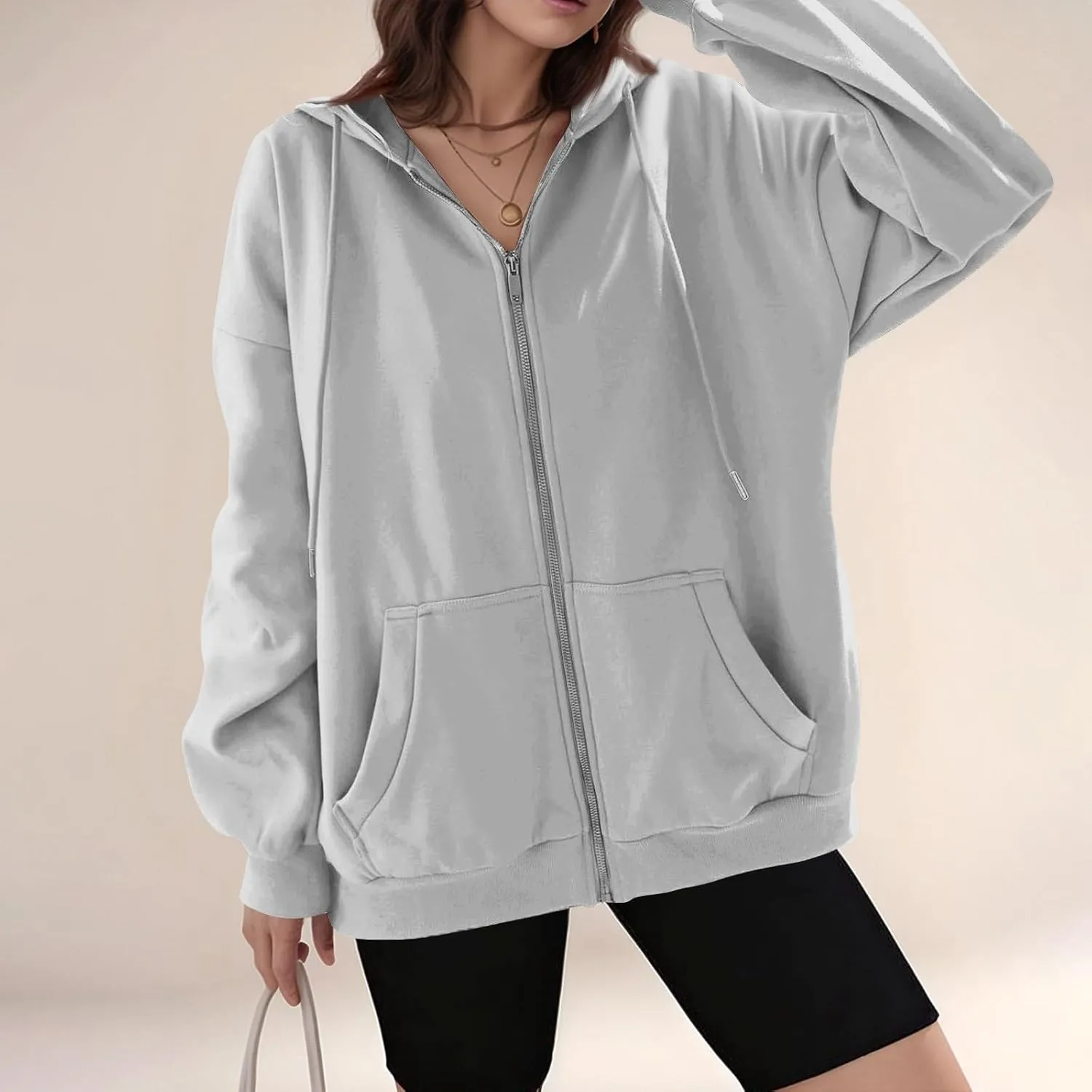 Zip Up Hoodie Women Y2k Oversized Fleece Jacket Workout Drawstring Hooded Sweatshirt with Pockets Winter Clothes