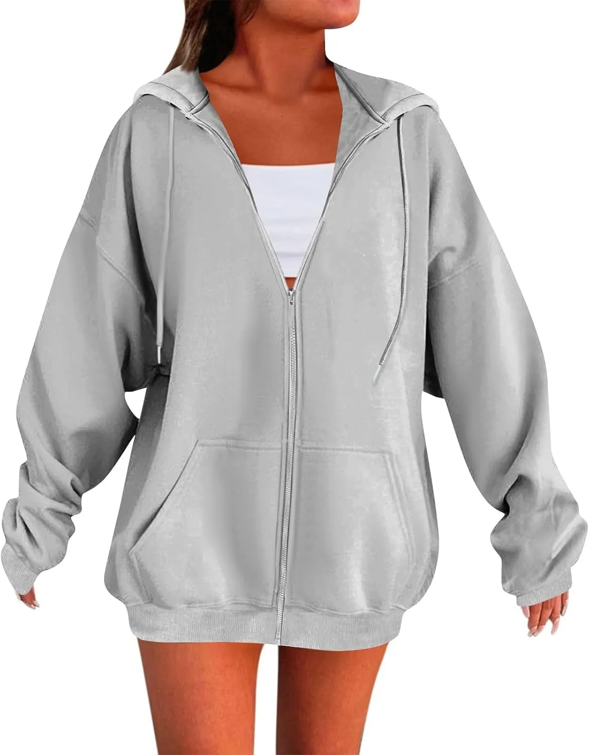 Zip Up Hoodie Women Y2k Oversized Fleece Jacket Workout Drawstring Hooded Sweatshirt with Pockets Winter Clothes