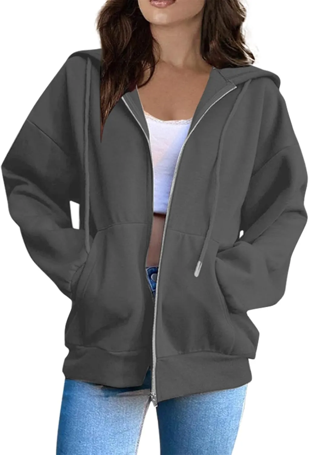 Zip Up Jackets for Women Cozy Fleece Oversized Hoodie Causal Loose Fit Hooded Sweatshirt with Pockets Preppy Clothes