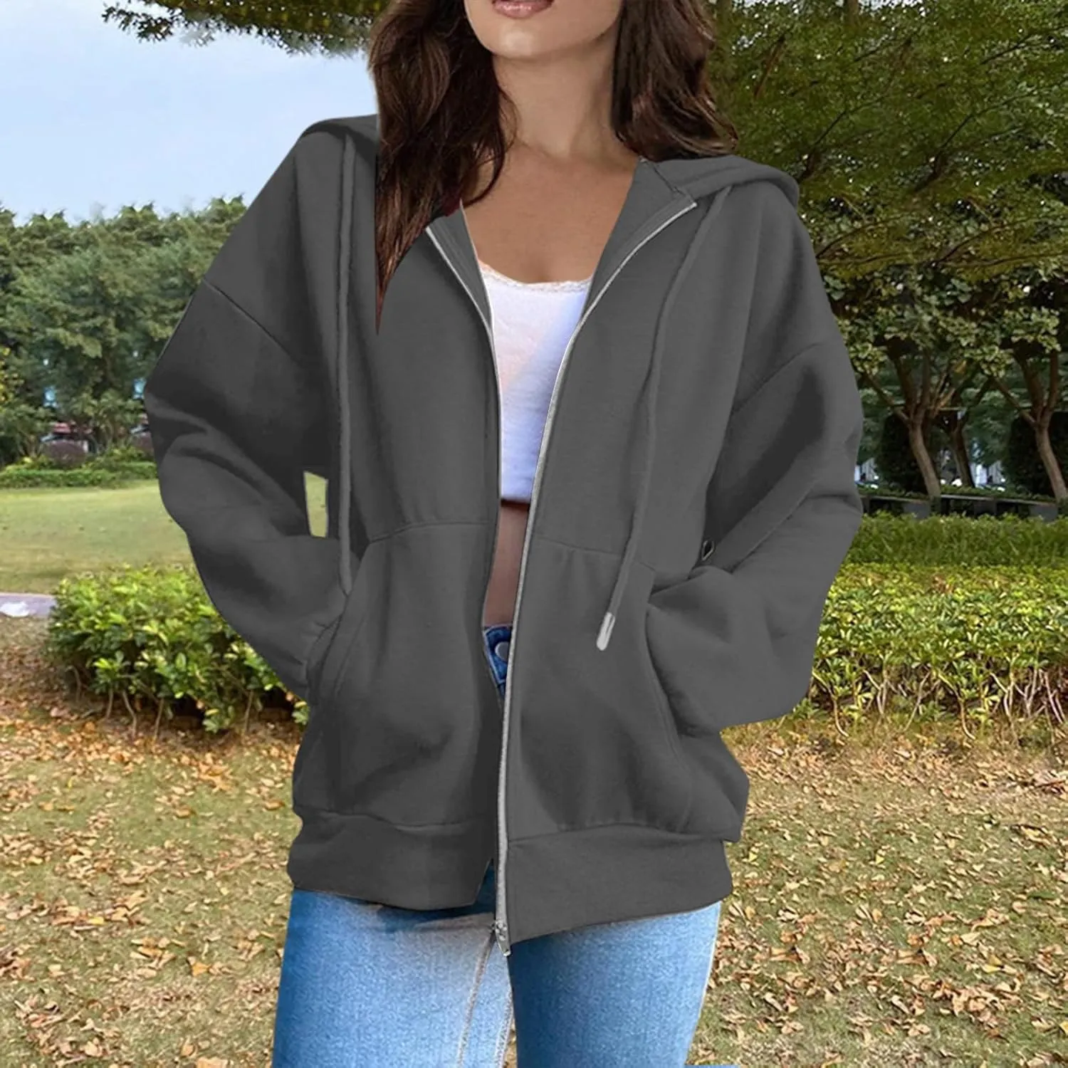 Zip Up Jackets for Women Cozy Fleece Oversized Hoodie Causal Loose Fit Hooded Sweatshirt with Pockets Preppy Clothes