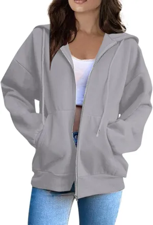 Zip Up Jackets for Women Cozy Fleece Oversized Hoodie Causal Loose Fit Hooded Sweatshirt with Pockets Preppy Clothes