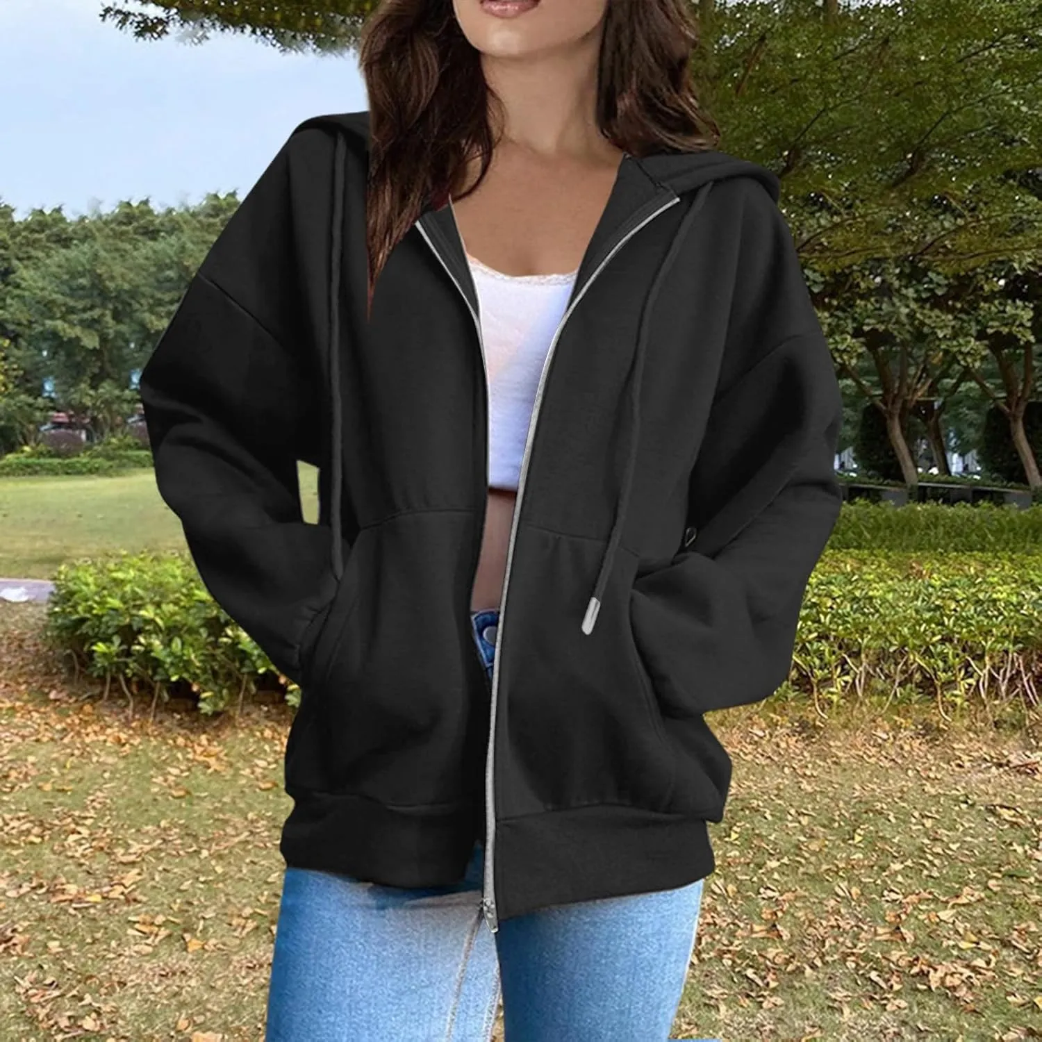 Zip Up Jackets for Women Cozy Fleece Oversized Hoodie Causal Loose Fit Hooded Sweatshirt with Pockets Preppy Clothes