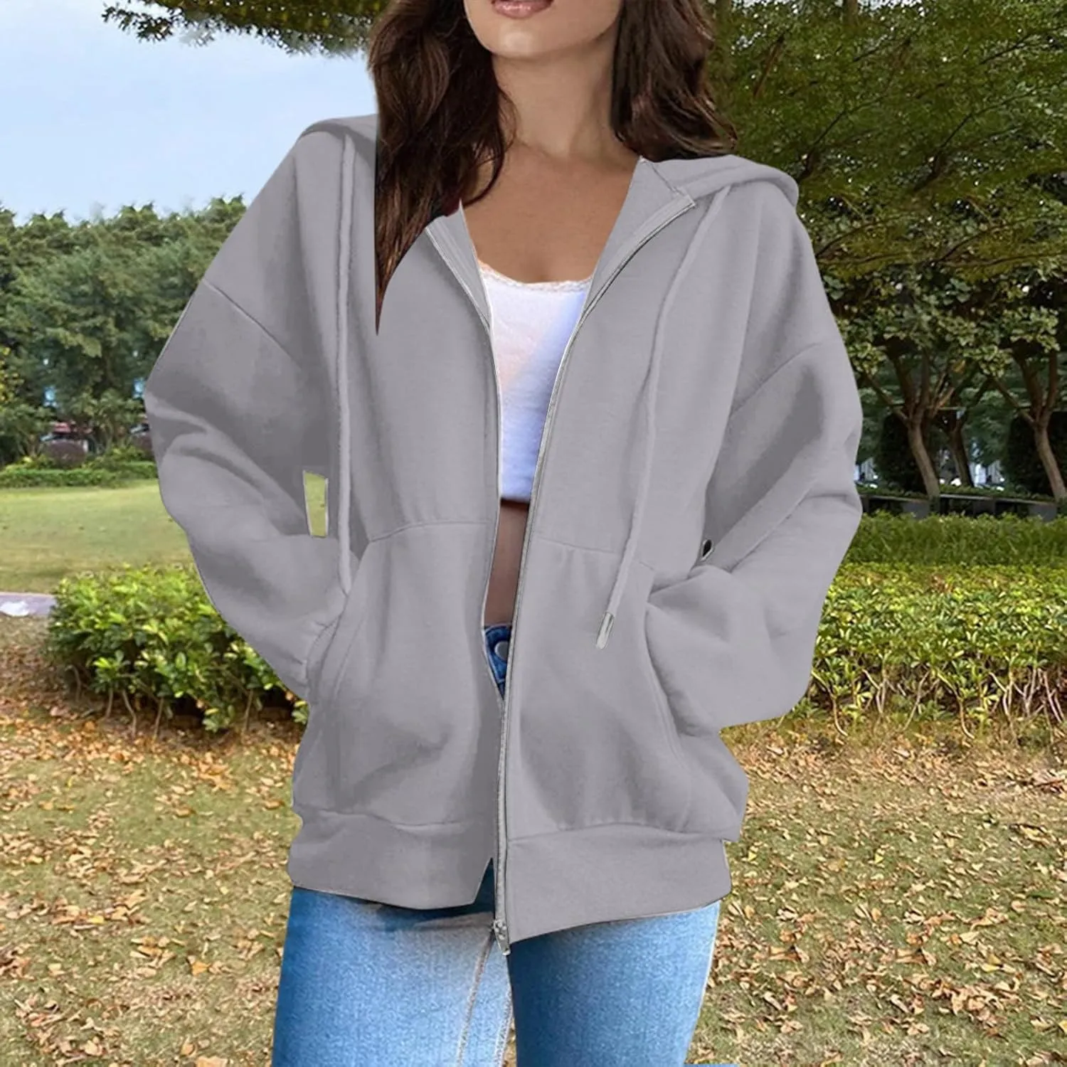 Zip Up Jackets for Women Cozy Fleece Oversized Hoodie Causal Loose Fit Hooded Sweatshirt with Pockets Preppy Clothes