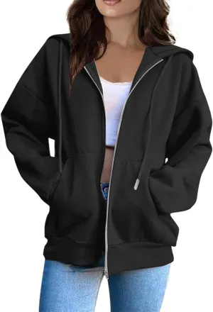Zip Up Jackets for Women Cozy Fleece Oversized Hoodie Causal Loose Fit Hooded Sweatshirt with Pockets Preppy Clothes