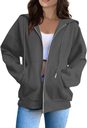 Zip Up Jackets for Women Cozy Fleece Oversized Hoodie Causal Loose Fit Hooded Sweatshirt with Pockets Preppy Clothes