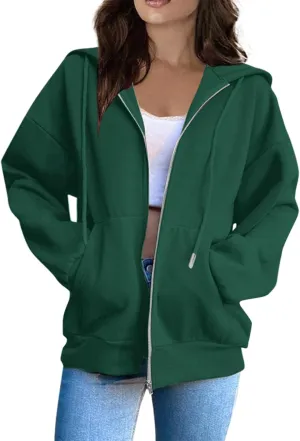 Zip Up Jackets for Women Cozy Fleece Oversized Hoodie Causal Loose Fit Hooded Sweatshirt with Pockets Preppy Clothes