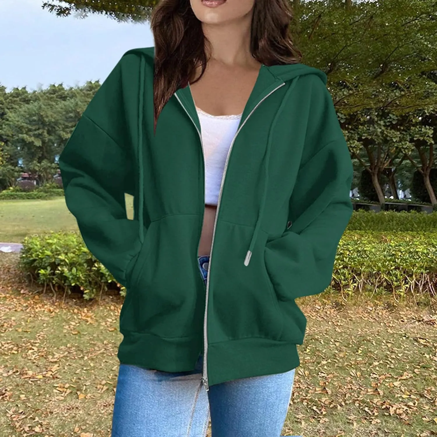 Zip Up Jackets for Women Cozy Fleece Oversized Hoodie Causal Loose Fit Hooded Sweatshirt with Pockets Preppy Clothes