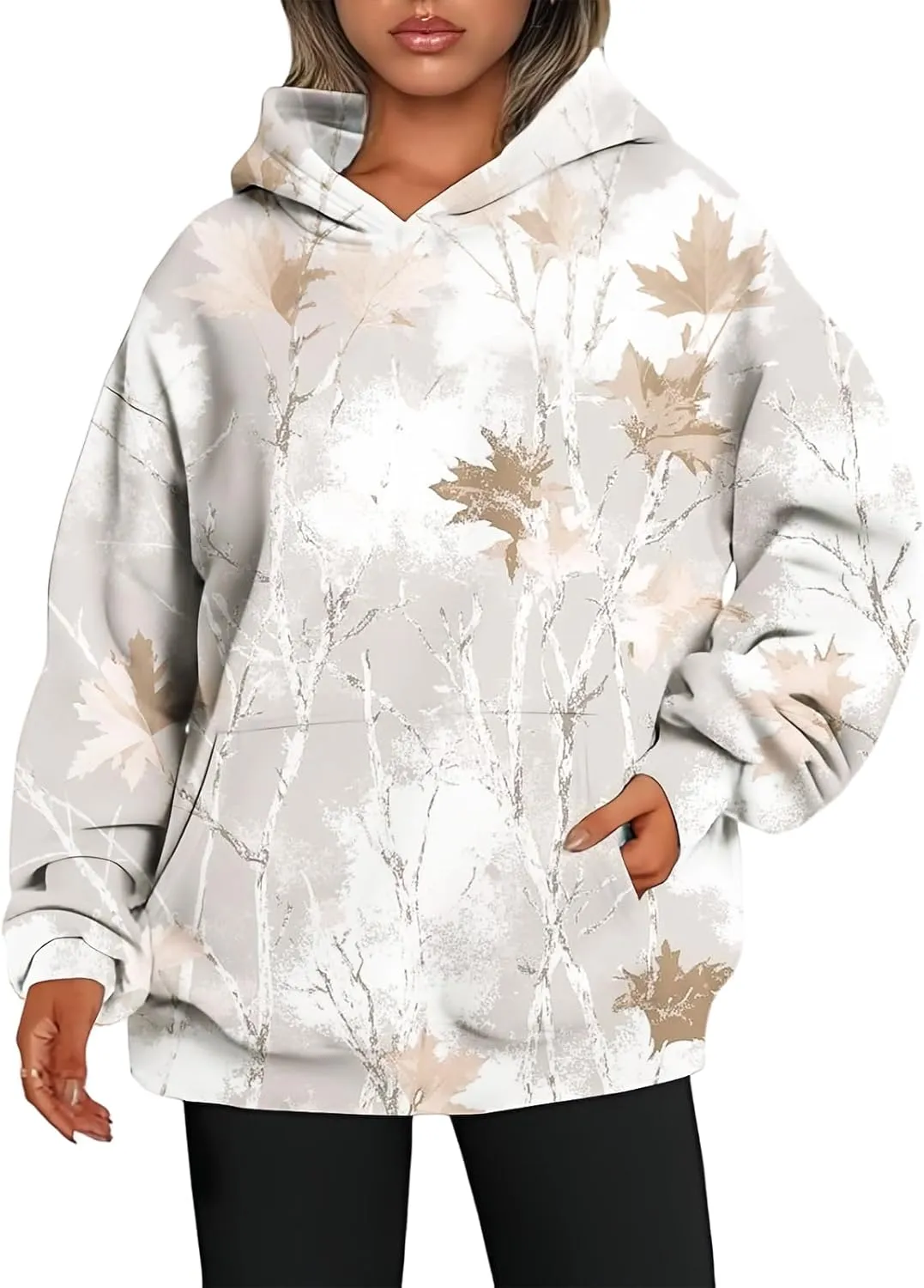 ZWRXW Womens Camo Hoodie Maple Leaf Print Oversized Hooded Sweatshirt Long Sleeve Sweaters Pullover Fall Outfits with Pockets